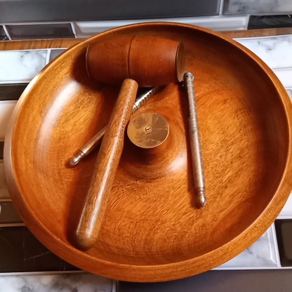 Other - MCM Vintage Solid Wood Nut Bowl with Mallet and Metal Cracker Set 3pcs